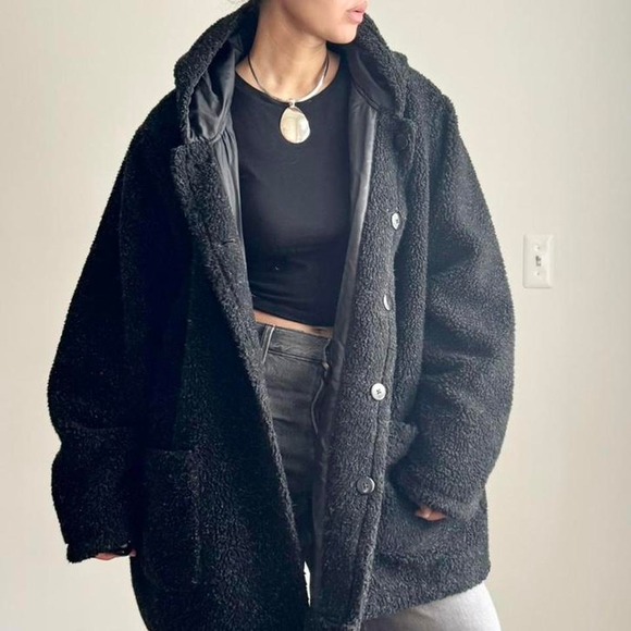 Black Sherpa Hood Jacket Teddy Chore Coat Plus Size - Picture 2 of 5